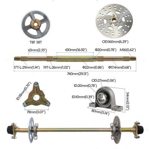 Go Kart Rear Axle Assembly Kit for Mini Kids ATV QUAD Buggy